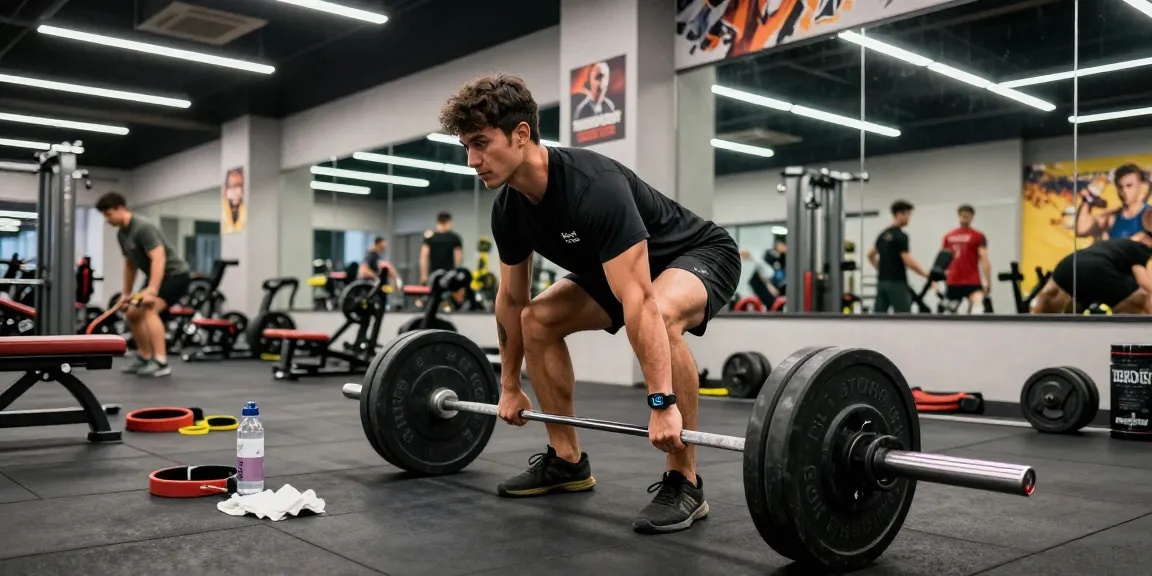Sportler im Fitnessstudio, der Krafttraining mit Produkten von Steroidshop zeigt.