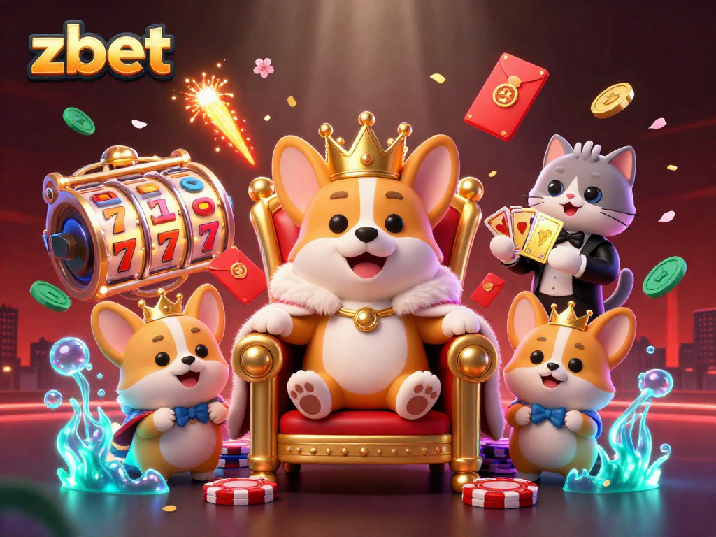 Experience thrilling gameplay at zbet with the royal corgi and gambling elements in a vibrant online casino scene.