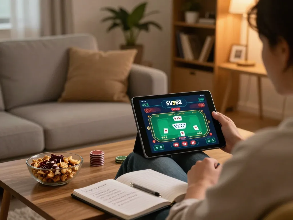 Engaging with SV368's casino app on tablet in a cozy home setting