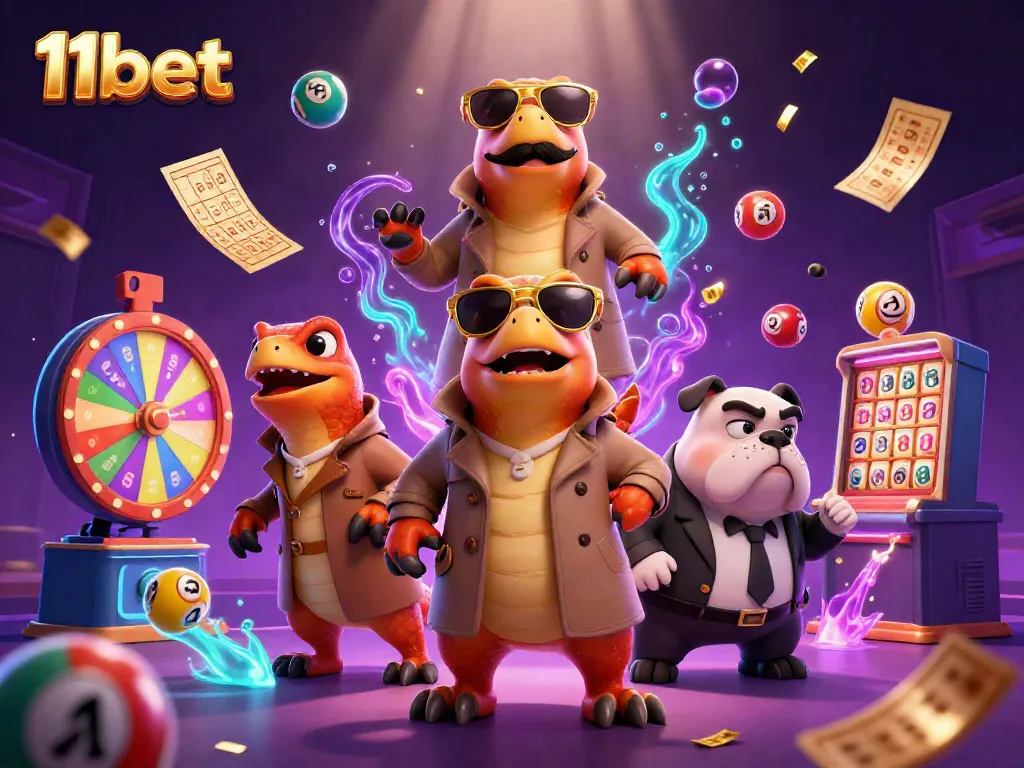 Engage with 11bet in an exciting gaming scene with cartoon raptors in a casino setting.