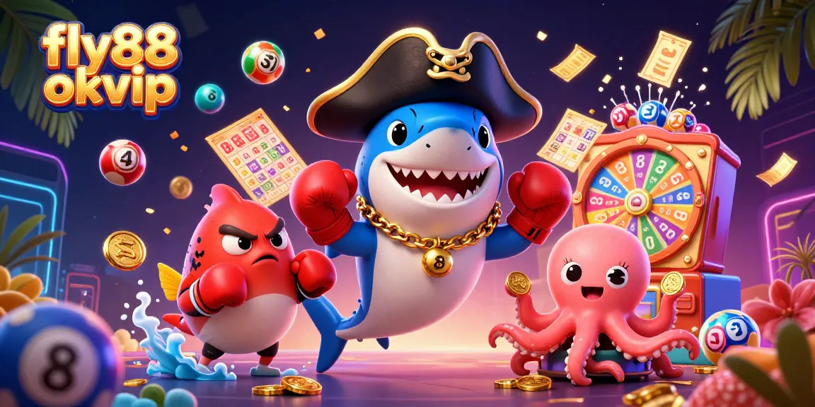 Engage with fly88 okvip in a vibrant lottery-themed 3D scene full of characters, colorful elements, and excitement.