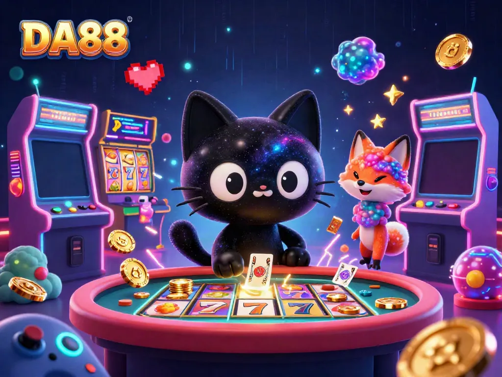 Engage with DA88 in a cosmic casino scene featuring a black hole cat and nebula fox.