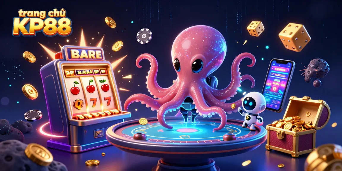 Engage in thrilling gaming with trang chủ KP88 featuring an alien octopus managing a poker table amidst a jackpot explosion.