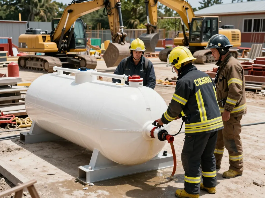 Richtige Beurteilung der Löschwasserzisterne für Baustellen durch Feuerwehrleute auf einer Baustelle.