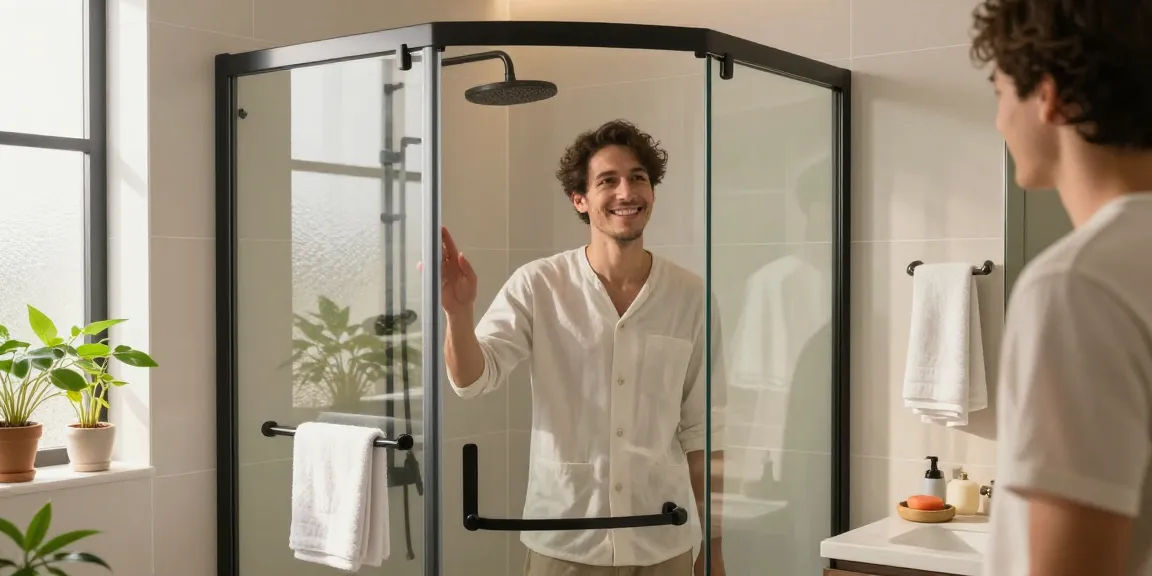 Douchecabine van 100x100 cm in een moderne badkamerinrichting met natuurlijk licht en elegante decoratie.