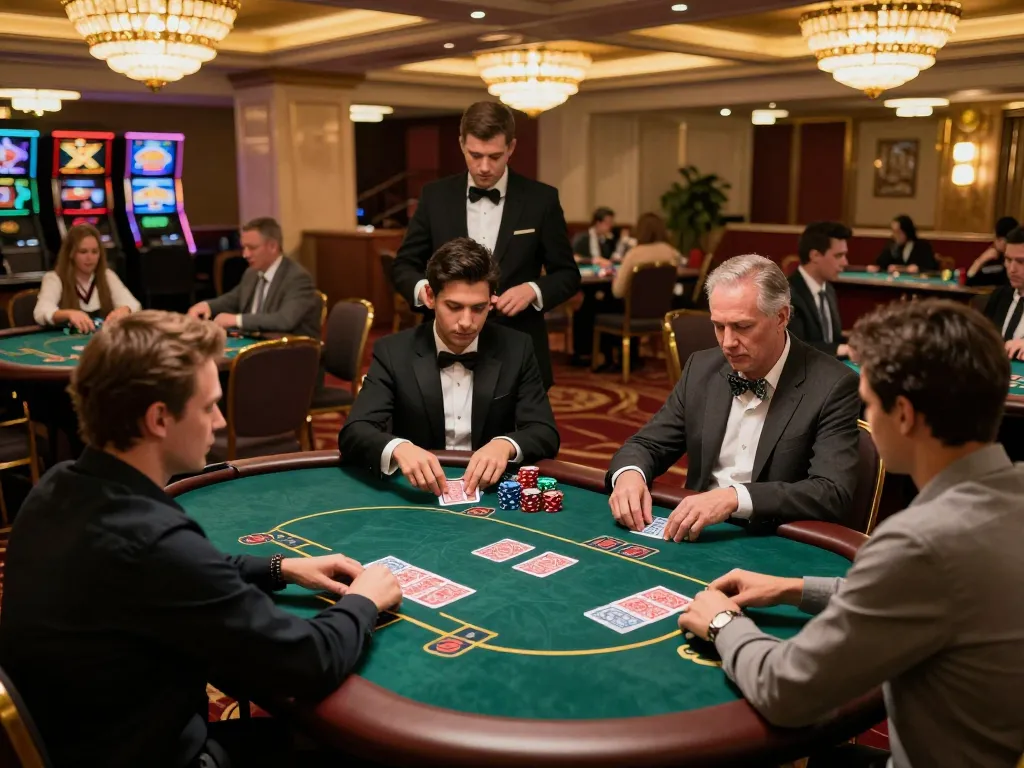 Players engaging in poker games at 92slot’s luxurious casino floor under warm lights.