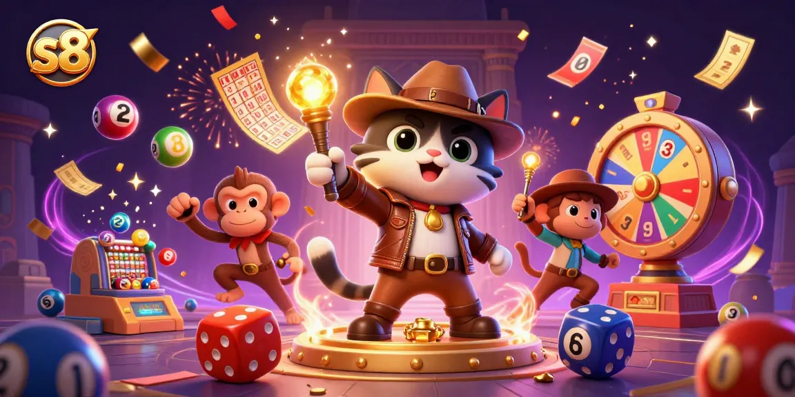 A 3D cartoon cat explorer with a monkey companion discovers golden casino artifacts amid vibrant lottery balls, enhancing s8's fun atmosphere.