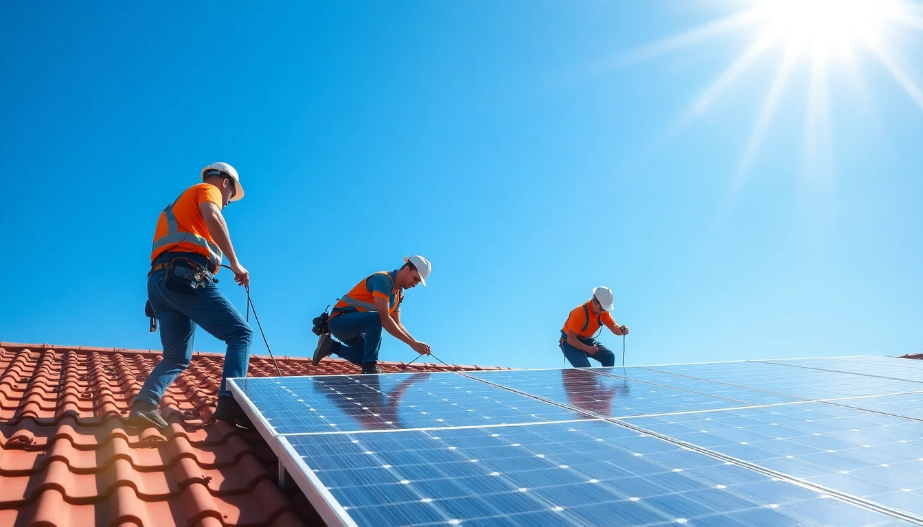 Erfahrene Profis installieren Photovoltaik Leads auf einem sonnigen Dach.