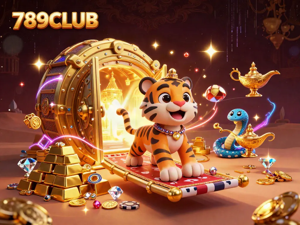 Join the excitement of 789CLUB with treasures and jackpots in a magical casino scene.