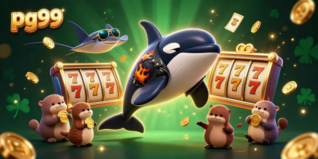 Celebrate winning moments at pg99 with orca and otters in a vibrant, playful casino scene.