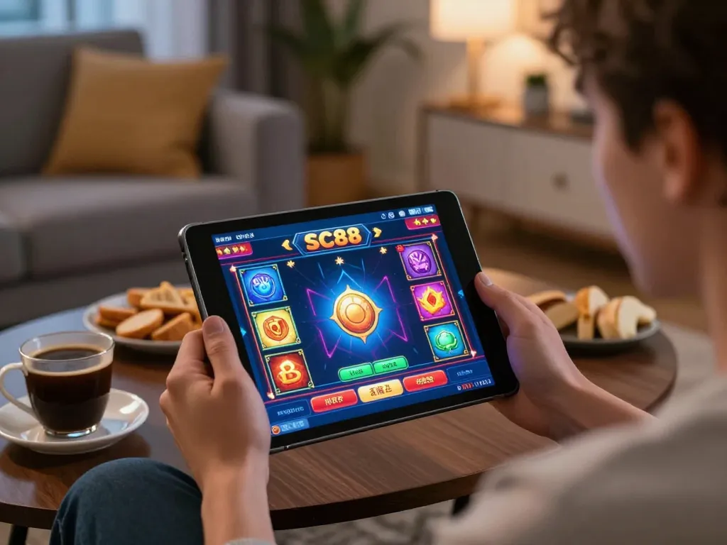 Player enjoying Link SC88 on a tablet in a cozy home setting during online gaming.