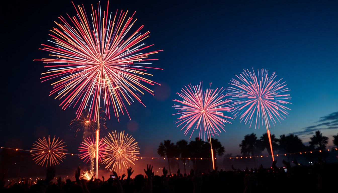 Exciting fireworks for sale illuminating the night sky at a vibrant celebration event.