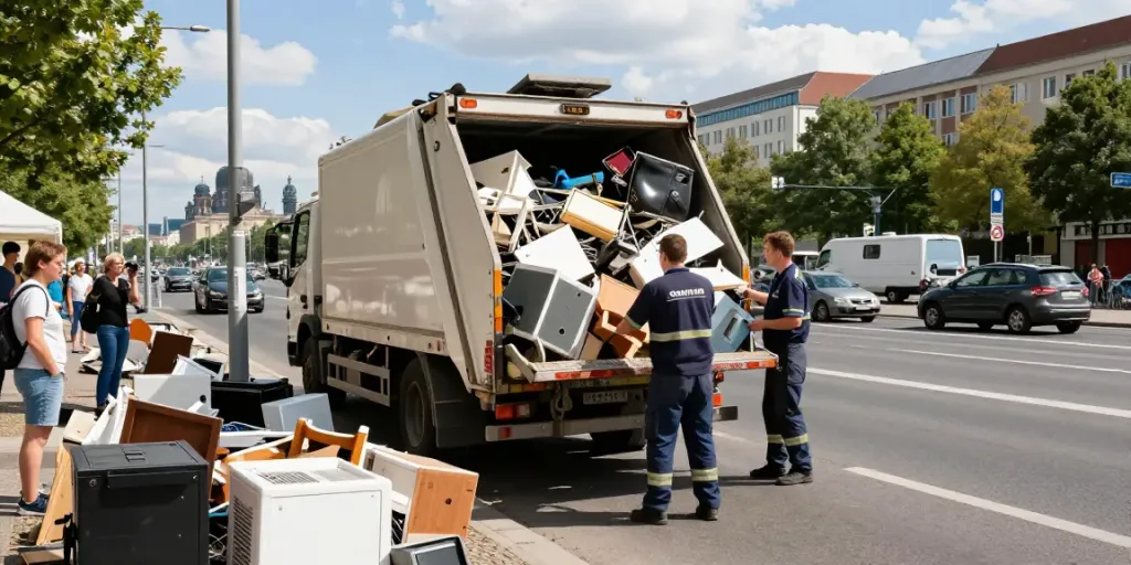 Sperrmüll Abholung Berlin: Mitarbeiter beladen Möbel auf ein Müllfahrzeug in Berlin.