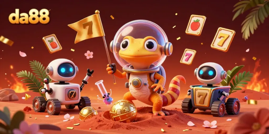 Engage in thrilling slots with da88, as a Martian gecko explores a golden casino filled with exciting games.