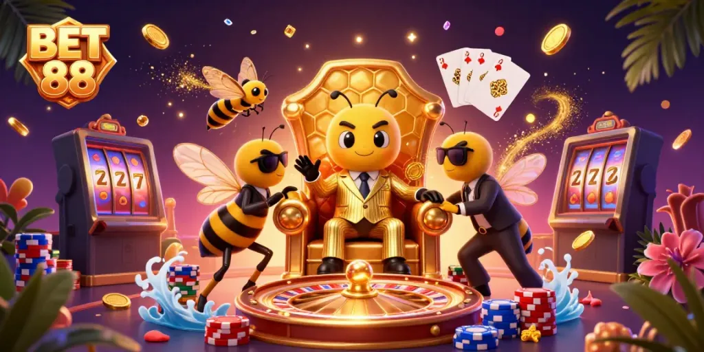 Win big at BET 88 with vibrant casino games and engaging characters in an energetic scene.