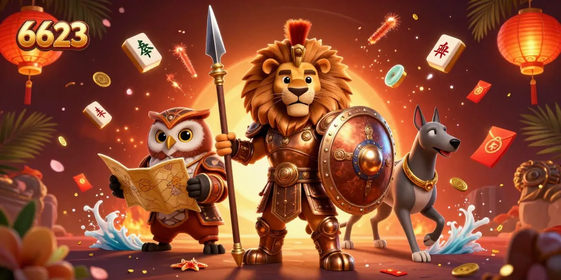 Experience thrilling gameplay at 6623 with the iconic Spartan lion battling against odds in this vibrant casino illustration.