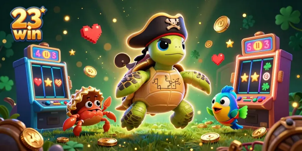 Experience 23 win with a vibrant casino theme featuring 3D characters and colorful slot machines.