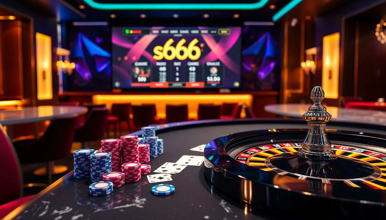 s666 casino table showcasing vibrant poker chips and roulette wheel amidst an upscale ambiance.