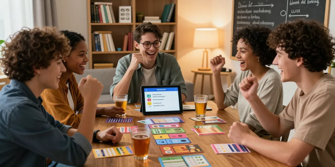 Quiz Allgemeinwissen in einer lebhaften Freundesrunde, die Quizfragen bespricht.