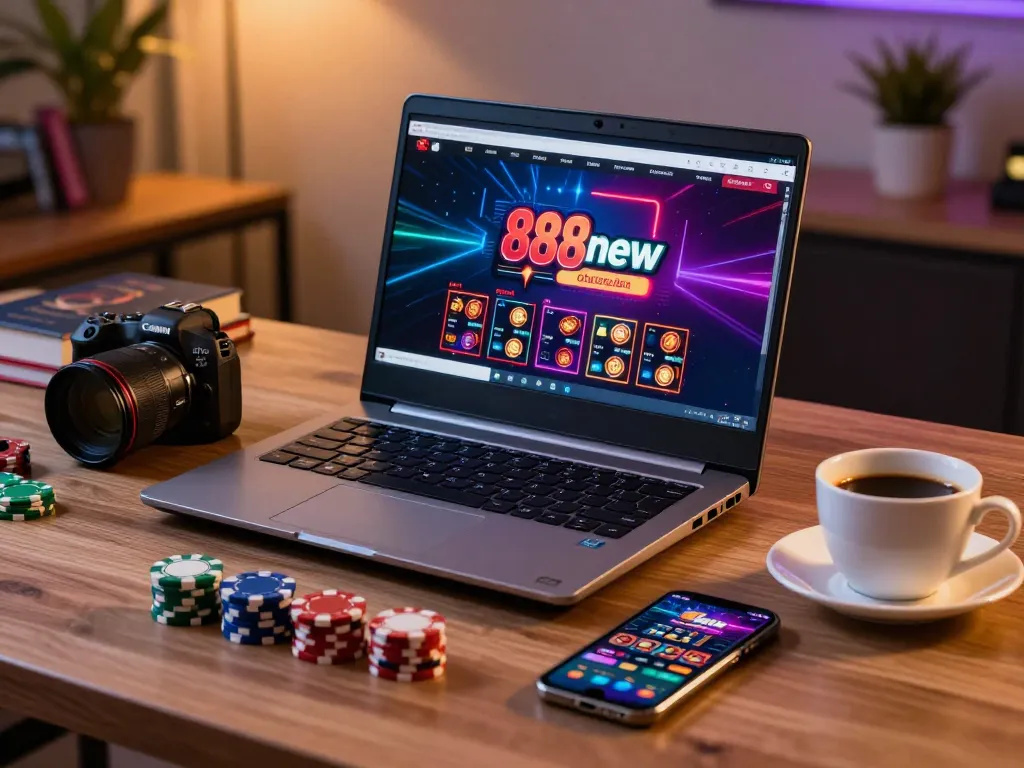 Engaging in online gameplay at 888new with a modern setup and vibrant atmosphere.