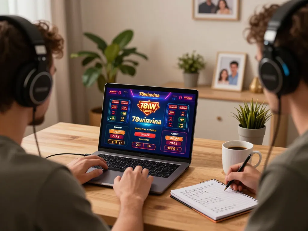 Engaging online gaming experience at 78winvina with a cozy home setup showcasing casino games.
