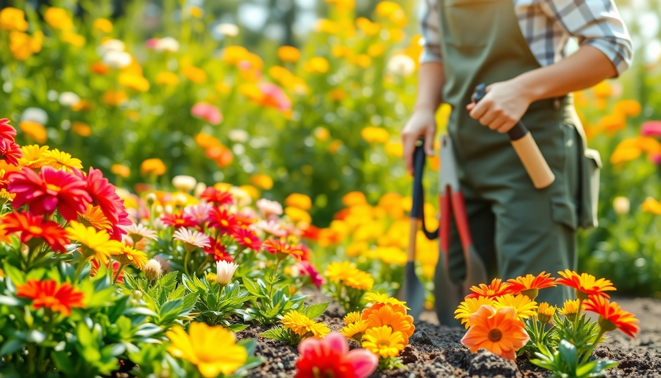 Gartenbauer bei der Pflege eines blühenden Gartens mit bunten Blumen.
