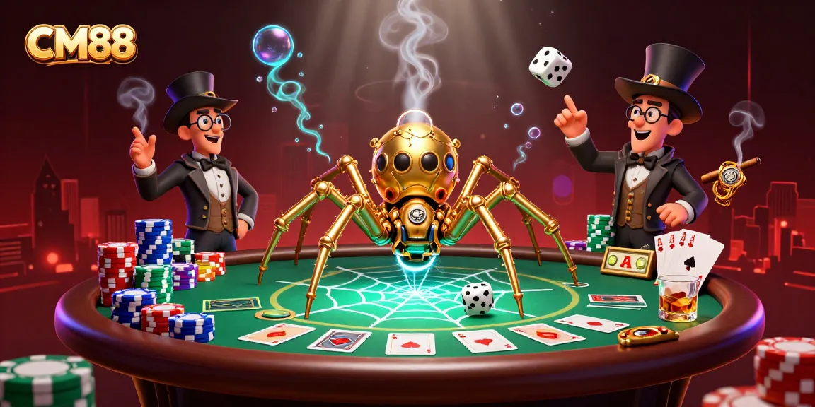 Experience CM88's dynamic casino world where a golden spider catches dice amid vibrant poker elements.