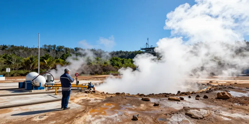 Geothermie-Techniker inspiziert Anlagen in landschaftlicher Kulisse mit Dampf und sonnigem Himmel