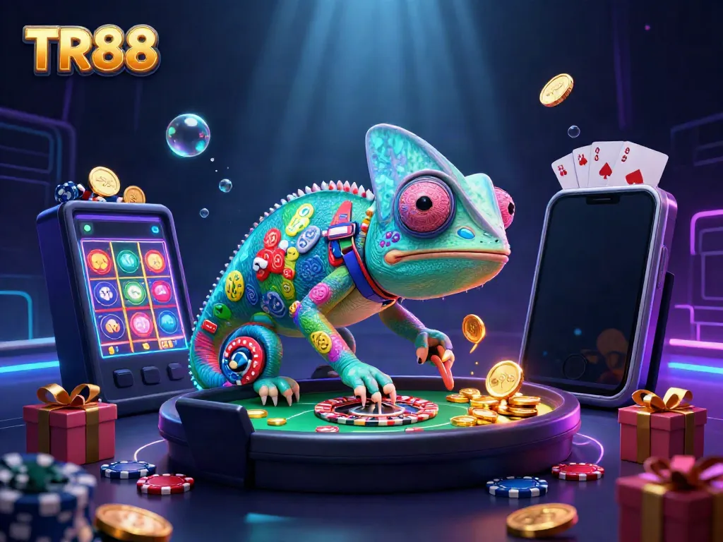 Enjoy the vibrant TR88 casino experience with our dynamic chameleon owner collecting golden coins.