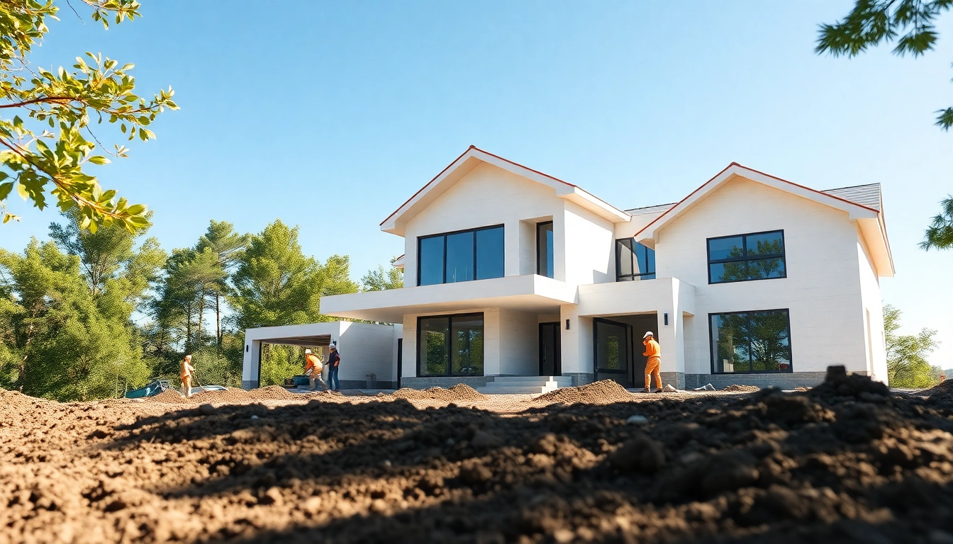 Haus bauen auf einer modernen Baustelle mit aktiven Arbeitern und frischem Grün.