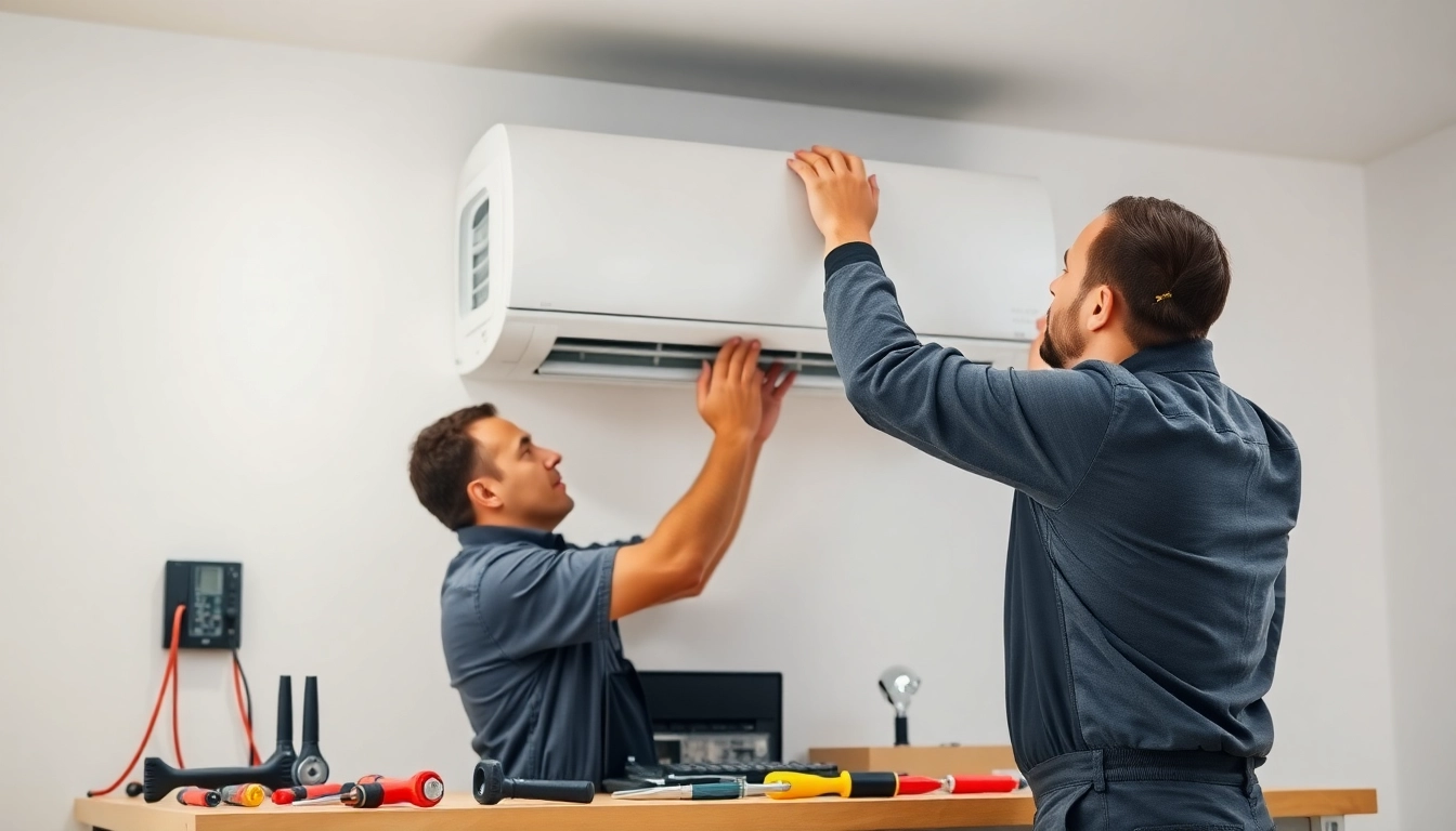 Klimaanlagen installieren lassen: Techniker montiert eine Klimaanlage mit professionellem Equipment.