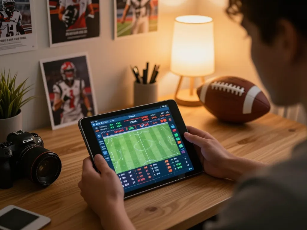 Engaged user placing bets on llwin3 platform during live sports events in a cozy home office.