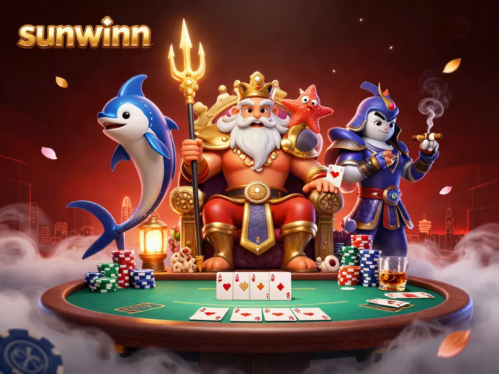 Experience thrilling poker gameplay at sunwinn with Neptune, the king of the sea, and vibrant action elements.