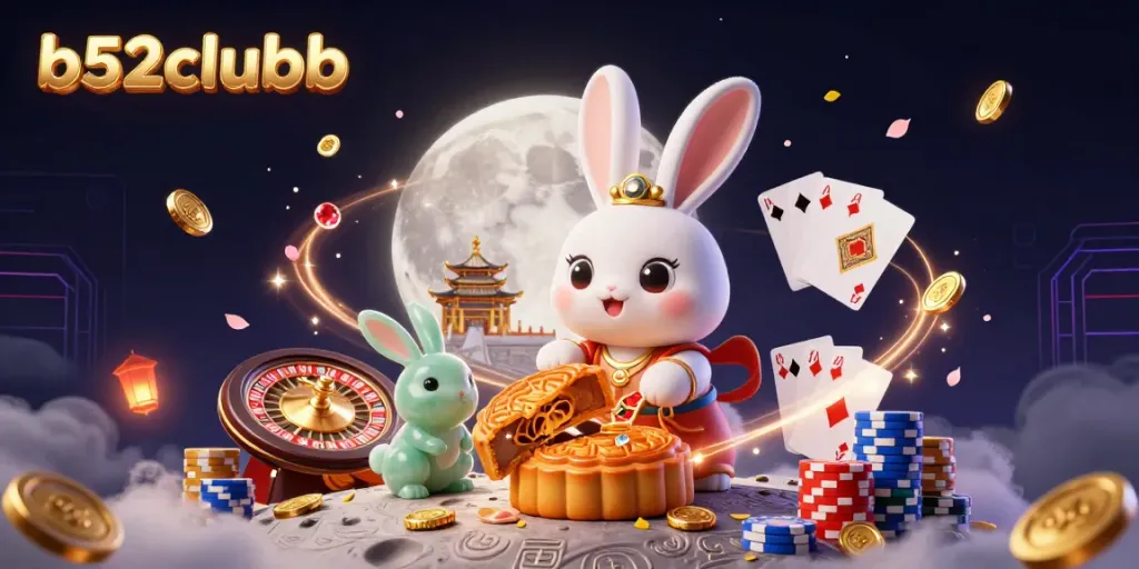 Experience the thrill of b52clubb as the moon rabbit plays, surrounded by casino elements.