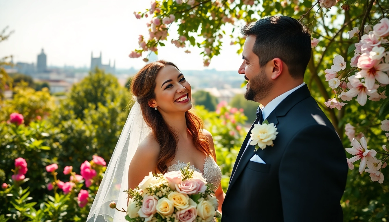Hochzeitsfotograf München fängt das glückliche Paar in einem hübschen Garten in München ein.
