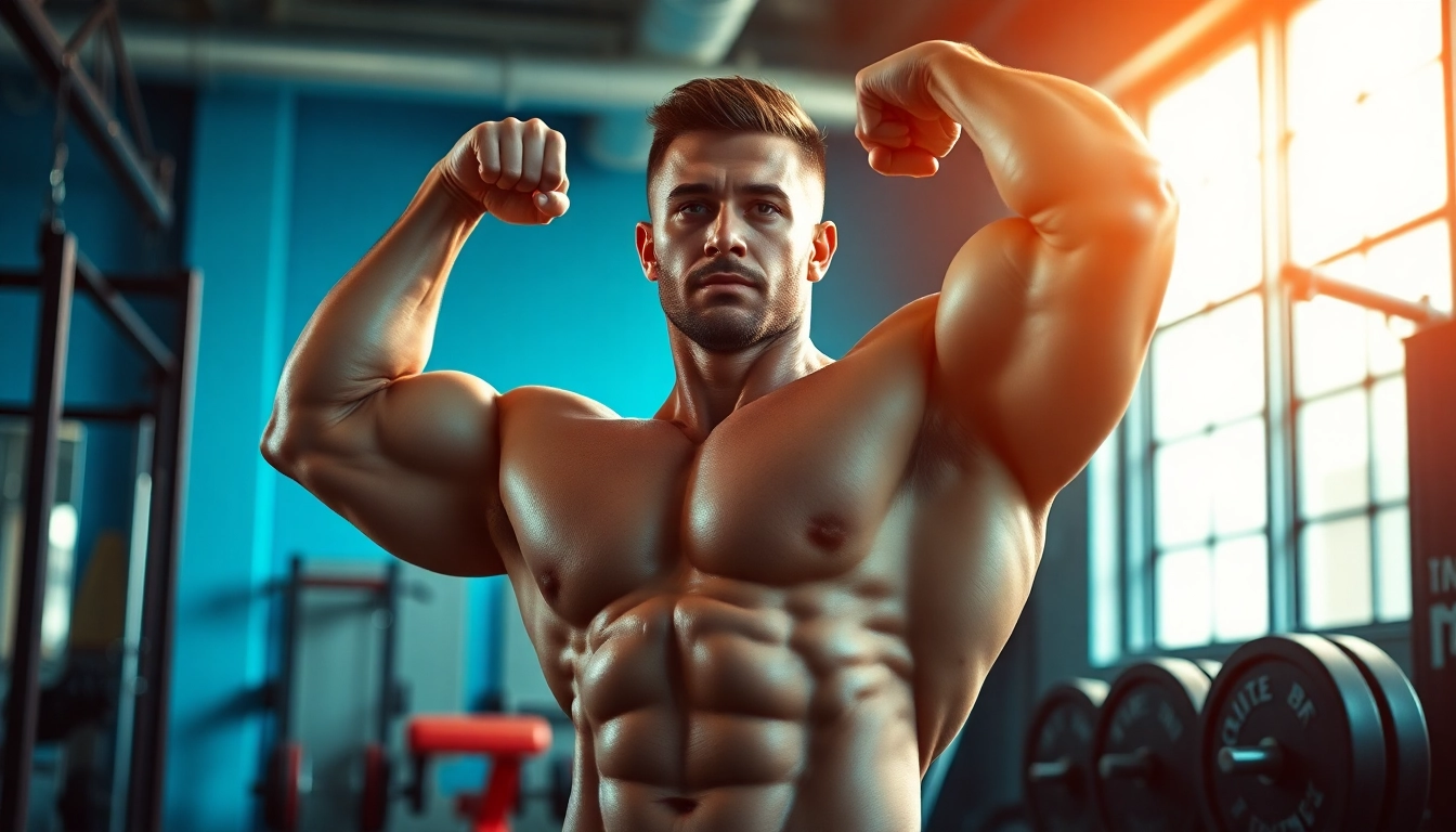 Trenbolon kaufen für Muskelaufbau in einem Fitnessstudio mit einem professionellen Bodybuilder.