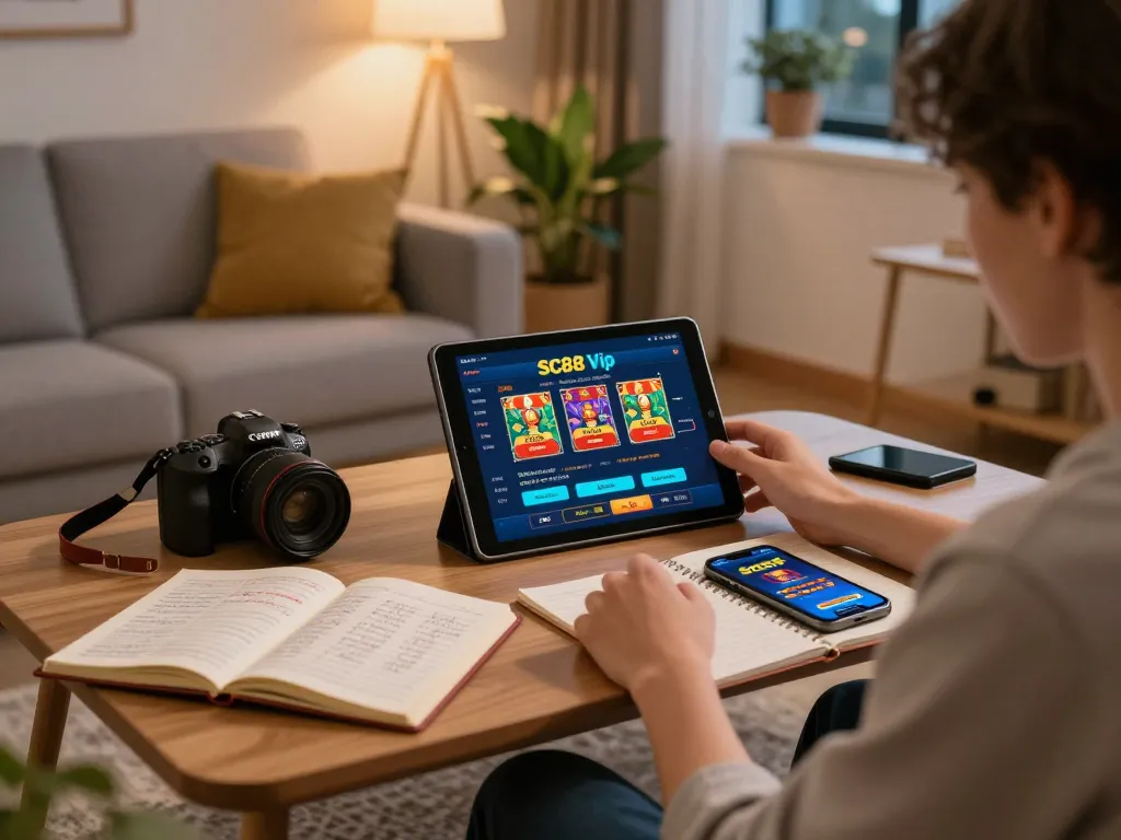 Engaging with SC88 Vip app in a cozy home setting, showcasing strategic betting notes and a relaxing atmosphere.