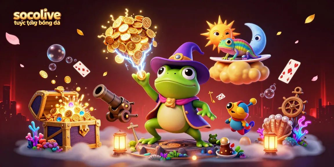 Socolive trực tiếp bóng đá showcases the weather wizard frog amidst a vibrant storm of coins in a lively casino-themed illustration.