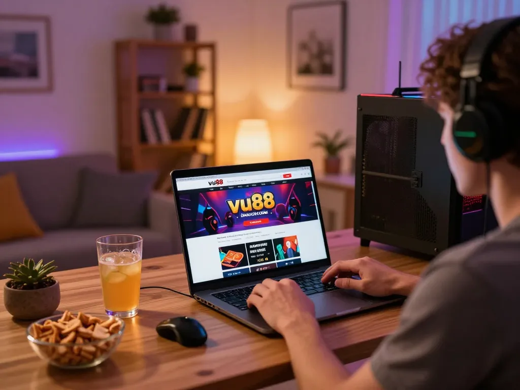 Player engaging with vu88 com online casino from a cozy home setup, laptop displaying exciting gameplay.