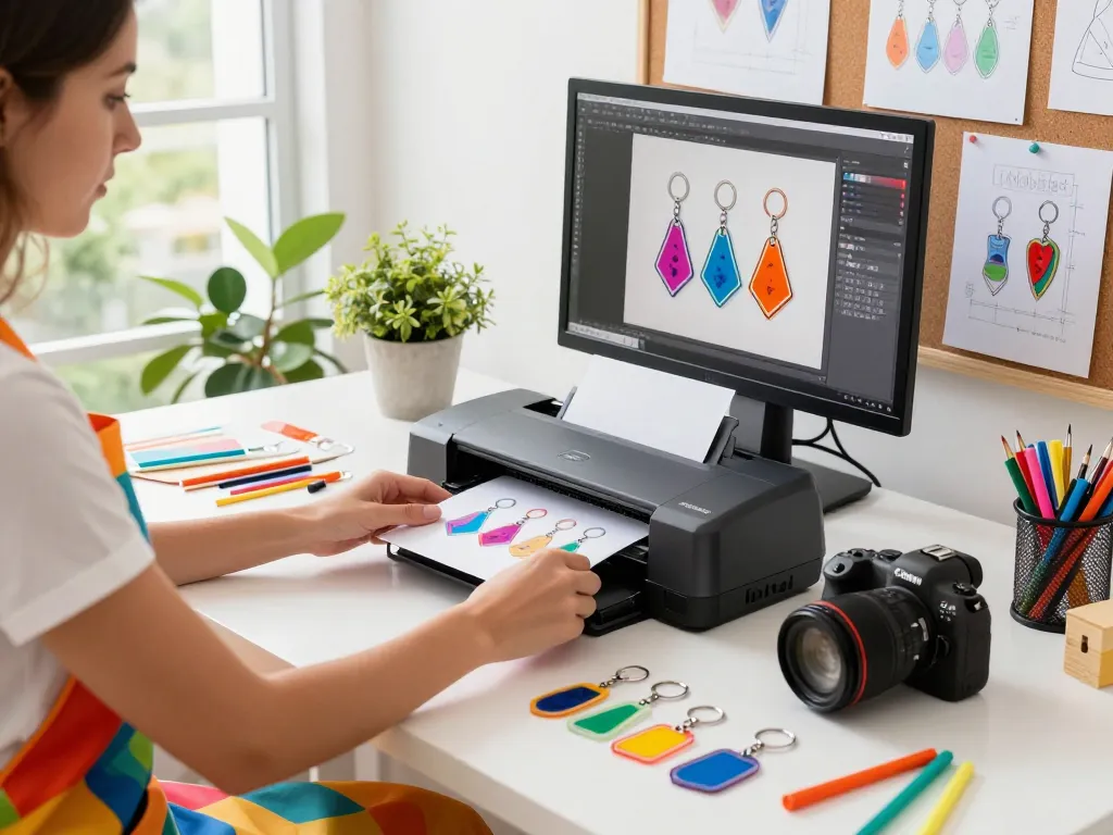 Designer creating unique acryl schlüsselanhänger selbst gestalten in a vibrant creative workspace.
