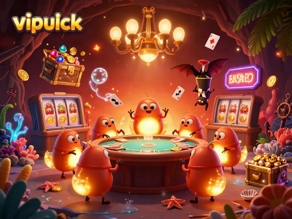Experience the excitement of vipluck with lively glowworms illuminating a buzzing cave casino scene.