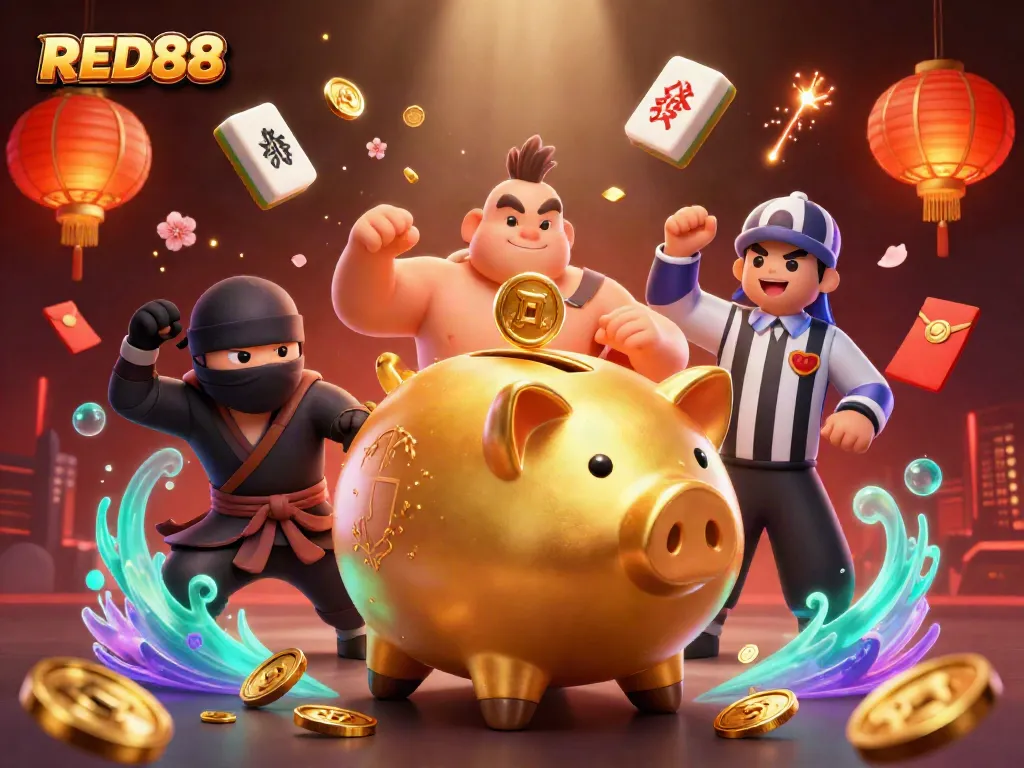 Engage with RED88's exciting gaming atmosphere in a vibrant 3D illustration of a golden piggy bank sumo wrestler amidst lively casino elements.