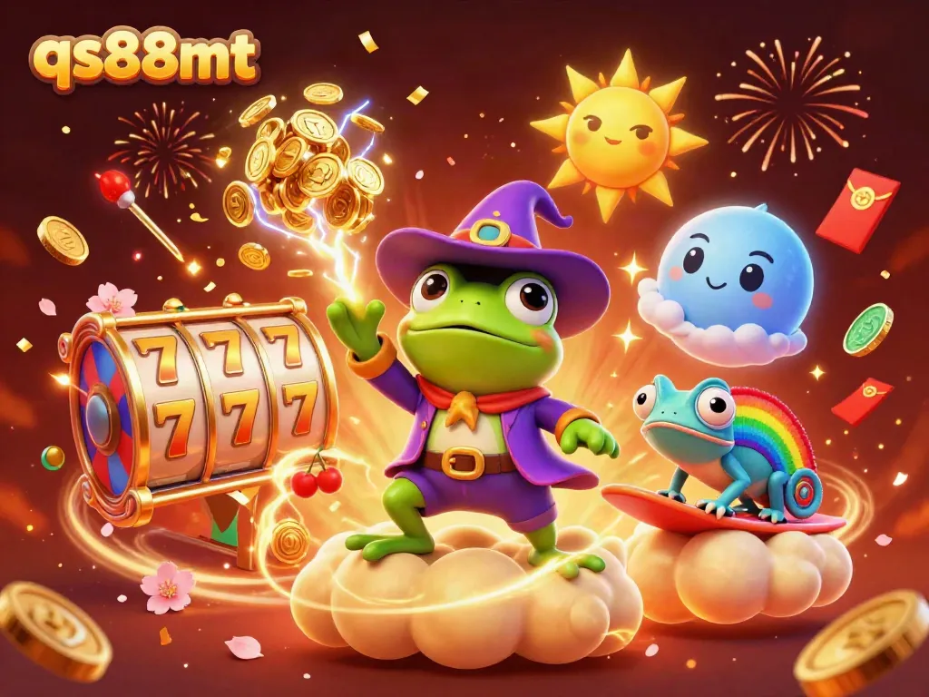 Experience the excitement of qs88mt with a golden coin storm featuring a weather wizard frog, chameleon, and festive casino elements.