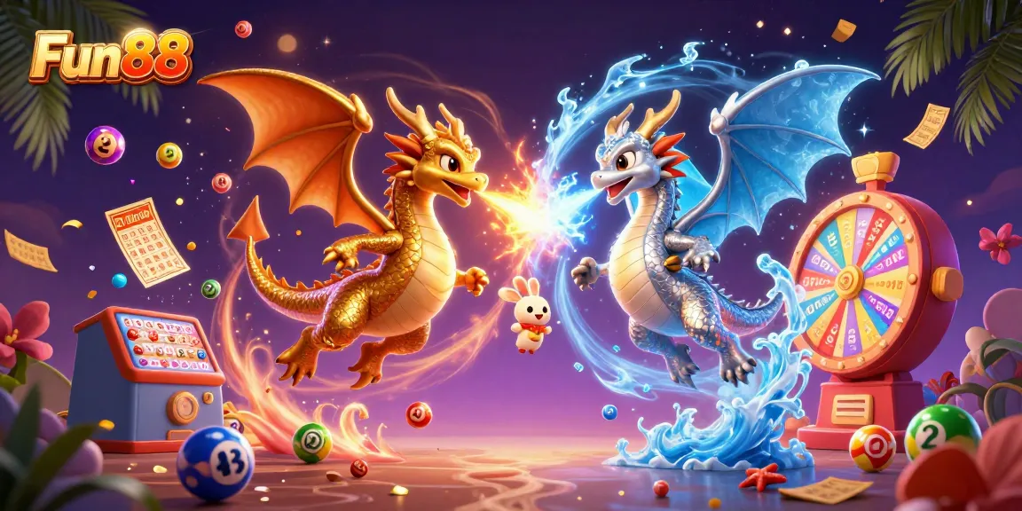 Join the excitement of Fun88 with dragon duo amid colorful lottery and bingo elements!