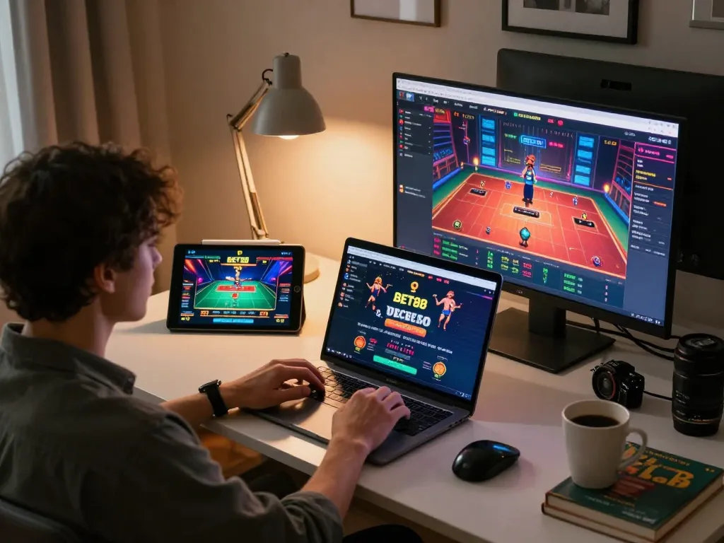 Engaging online gaming session at https://bet88.company/ with laptop and tablet in cozy home atmosphere.