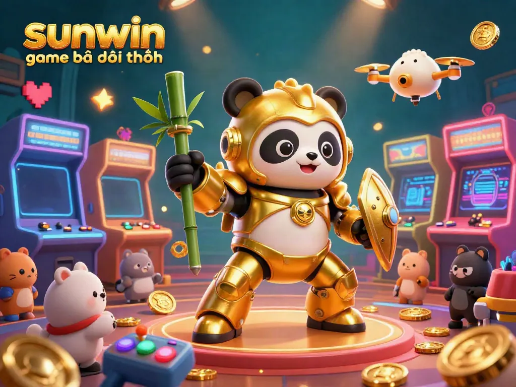Engage in the excitement of the sunwin game bài đổi thưởng with this vibrant casino-themed illustration featuring a mech-suit panda.