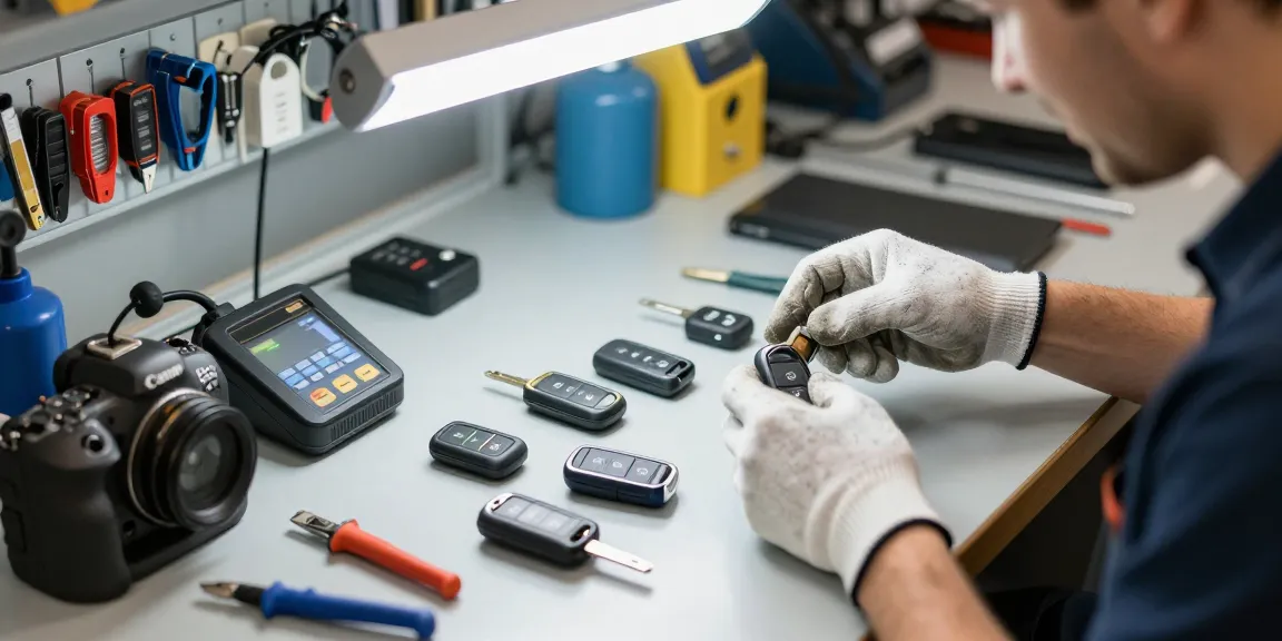 Ersatzschlüssel Auto: Techniker untersucht verschiedene Autoschlüssel in einer hellen Werkstatt