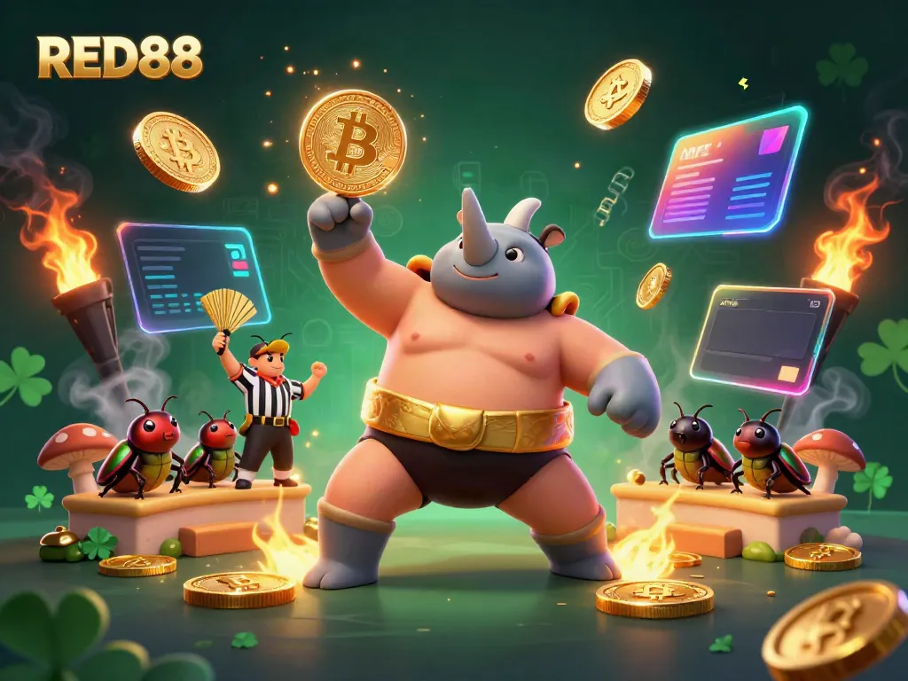 Experience the thrilling action at RED88 with a sumo champion beetle, flying coins, and vibrant casino elements.