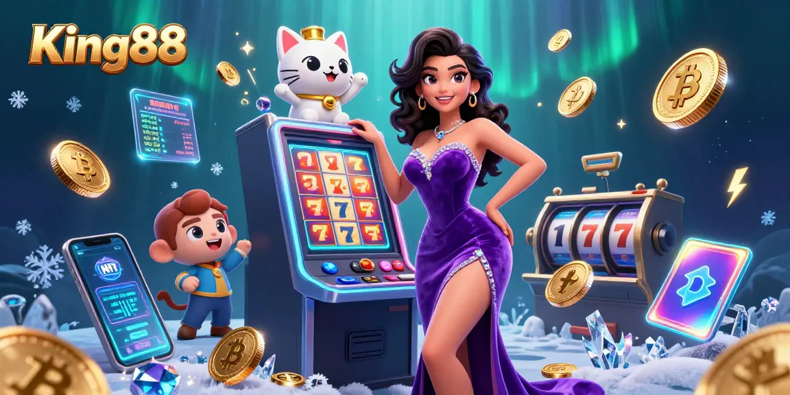 Experience winning at King88 with a stunning 3D illustration featuring a glamorous woman, jackpot slot, and fortune cat.