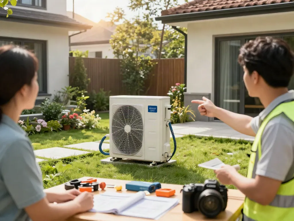 Wärmepumpen Installation in einem modernen Zuhause mit Techniker und Besitzer.